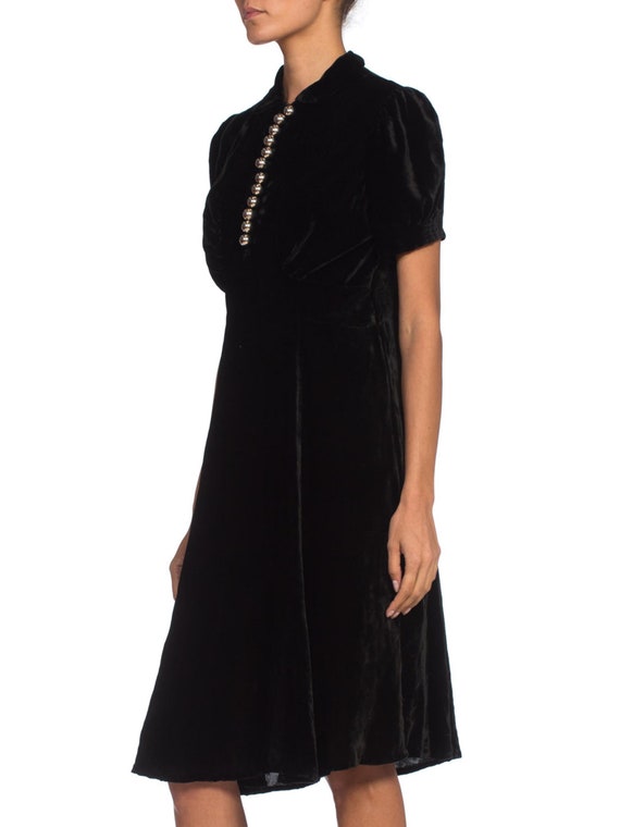 Stunning 1930s Black Bias Cut Silk Velvet Dress w Rhinestone Detail & Brilliant Belt