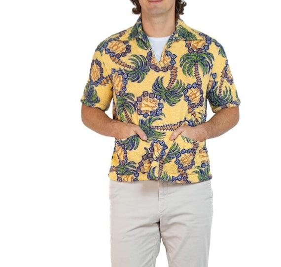 1950S Yellow Cotton Terry Cloth Men's Tropical Sh… - image 1