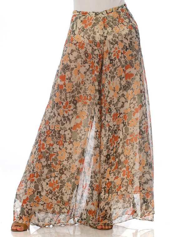 1970'S Floral Chiffon Wide-Leg Palazzo Pants