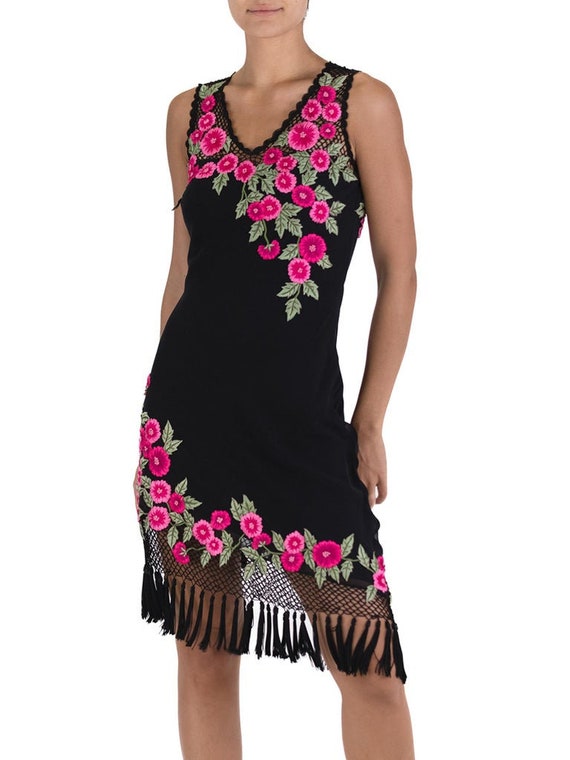 1990S Black Dress With Pink Embroidered Flower De… - image 3