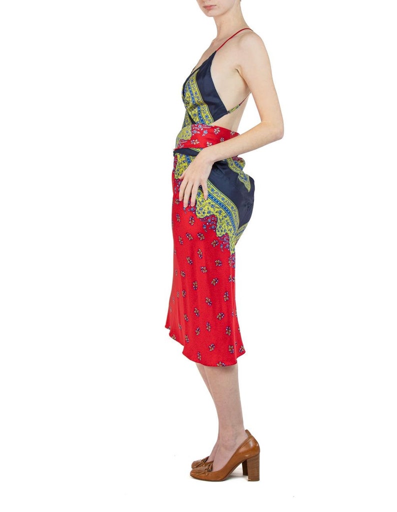 Morphew Collection Navy Blue, Lime Green Red Silk Twill Floral Ditsy Print Scarf Dress Made From Vintage Scarves Bild 2