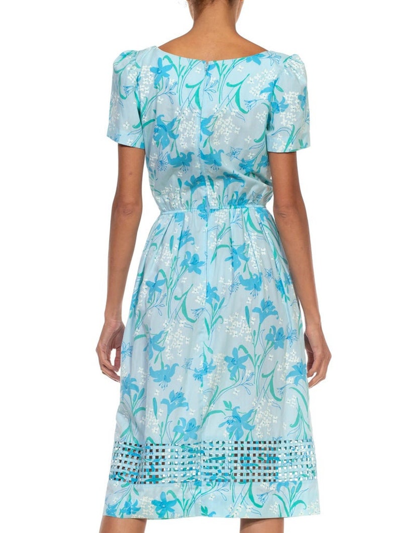 1980S Lilly Pulitzer Light Blue Floral Print Cotton Basket Weave Hem Dress With Elastic Waist image 8
