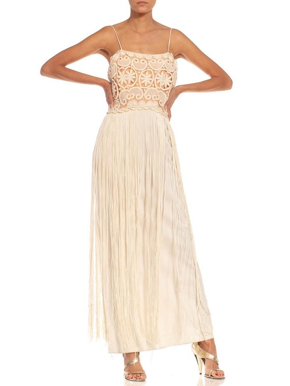 1970S Cream  Tan Lace Fringe Gown - image 9