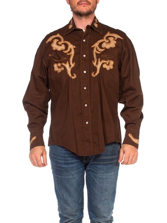 1970S Brown Cotton Embroidered Long Sleeve Men's W