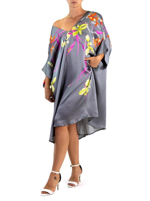 1990S Grey Silk Charmeuse Tropical Floral Tunic D… - image 7