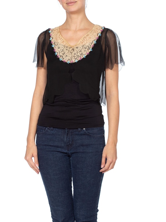 1920S Black Silk Chiffon & Lace Beaded Top XS