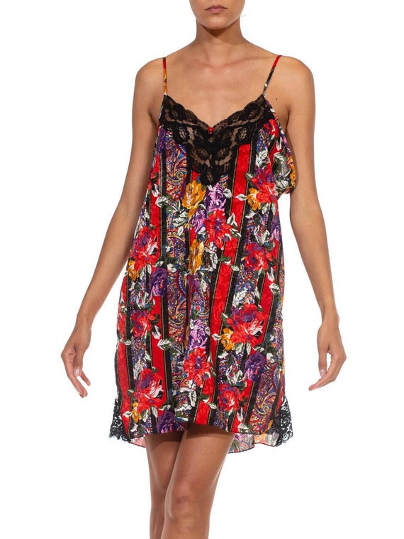 1990S Black  Red Floral Rayon Silk Lace Slip Dress - image 1