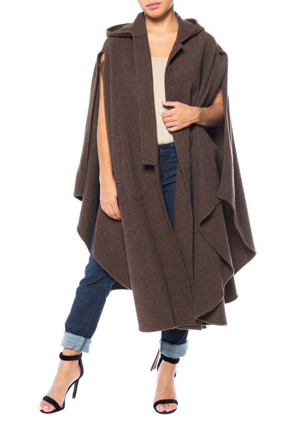 1980S Brown Wool Hooded Cape With Belt - image 3