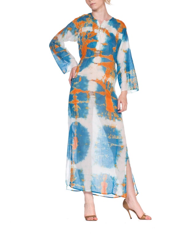 1970'S Blue & White Orange Cotton Tie Dye Kaftan D