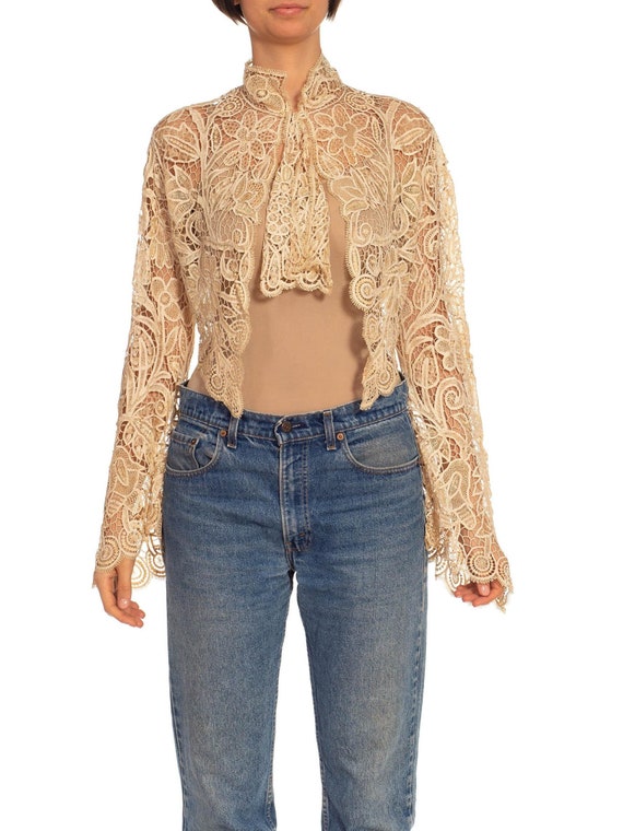 Buy 1920S Cream Silk Needle Lace Short Jacket With Long Sleeve 