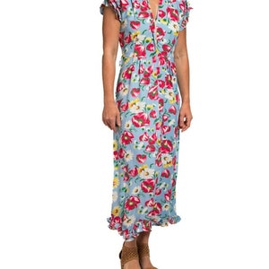 1940S Aqua Blue & Pink Cold Rayon Floral Zip-Front Dress image 7