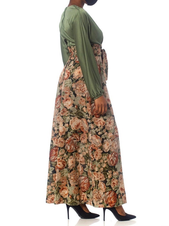 1970S Olive Green Floral Polyester Maxi Dress Wit… - image 4