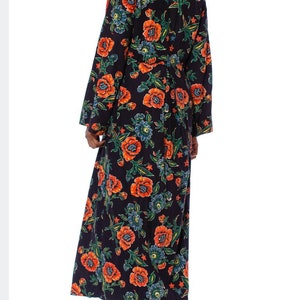 1940S Navy Blue Cotton Flannel Orange Floral Duster Robe image 4