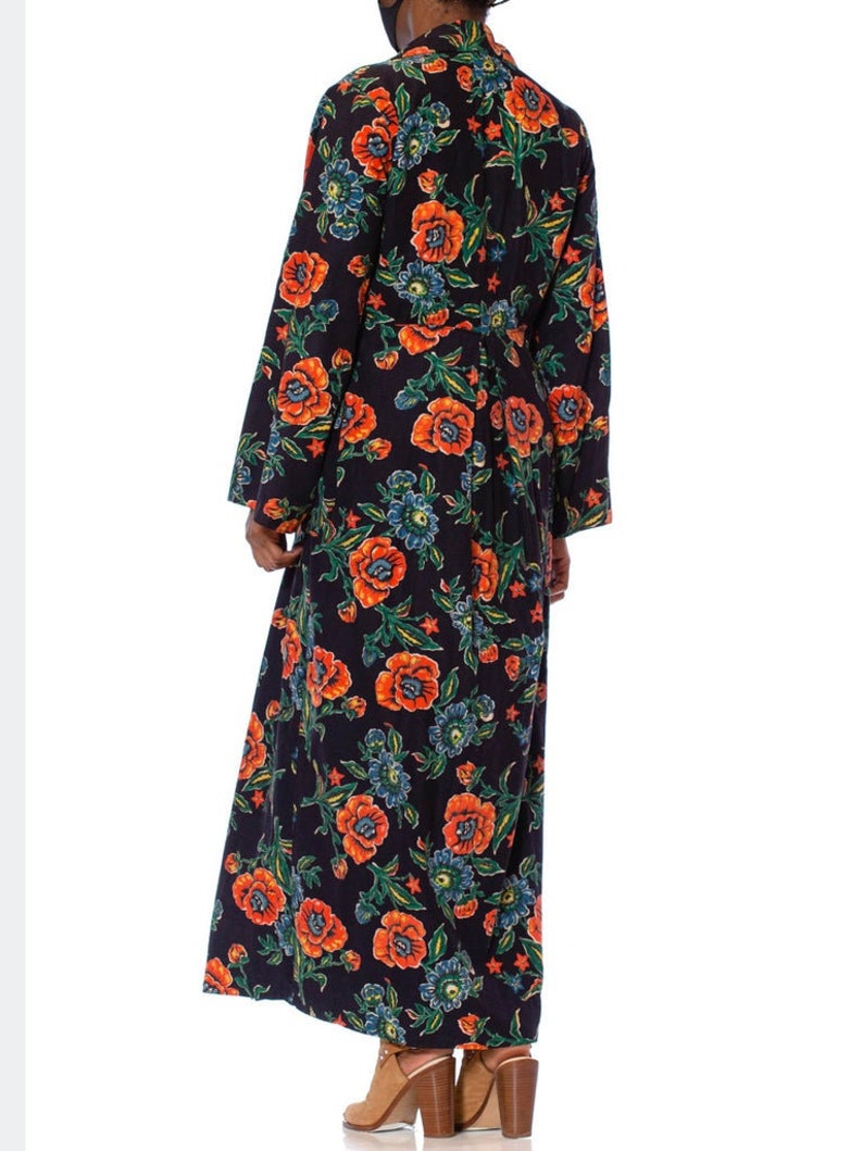 1940S Navy Blue Cotton Flannel Orange Floral Duster Robe image 4