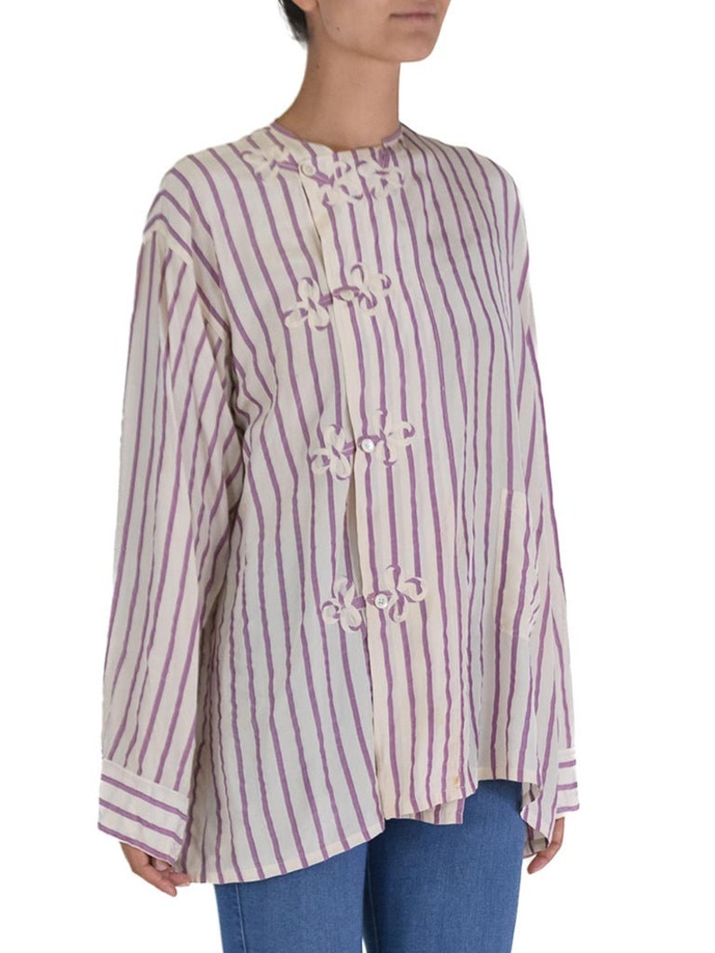 Victorian White Lavender Silk Striped Antique Pajama Top image 4