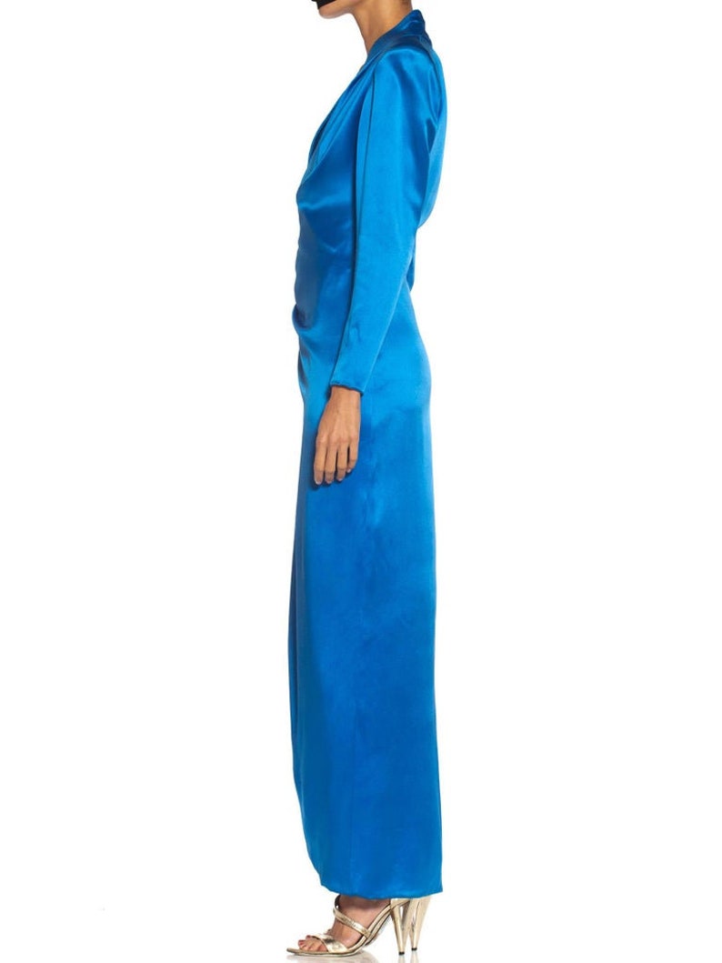 1980S Givenchy Electric Blue Haute Couture Silk Double Faced Satin Sleeved Gown With Slit Sash image 4