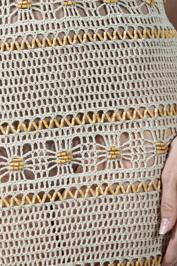 alberta ferretti crochet dress 1990S Alberta Ferretti Ecru Cotton Crochet Dress With Wood Beads