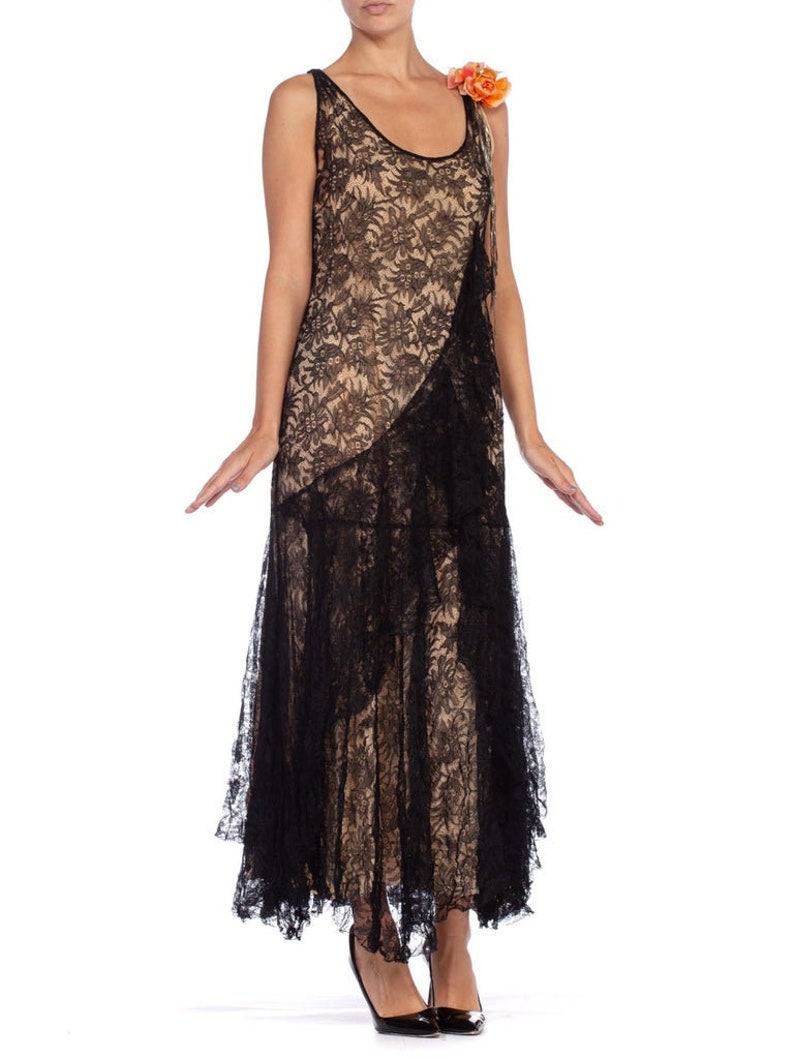 1920S Black Silk Chantilly Lace Flowy Cocktail Dress With Original Slip And Flower Corsage image 1