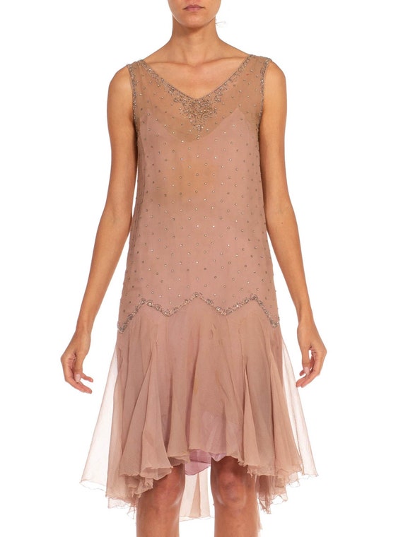 1920S Dusty Rose Silk Chiffon Flapper Dress Embell
