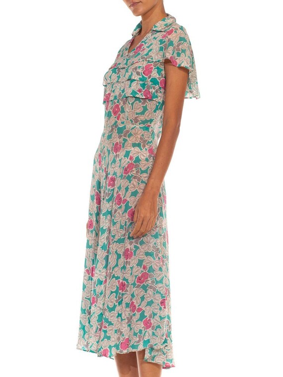 1940S Teal  White Floral Print Rayon Chiffon Dress - image 4