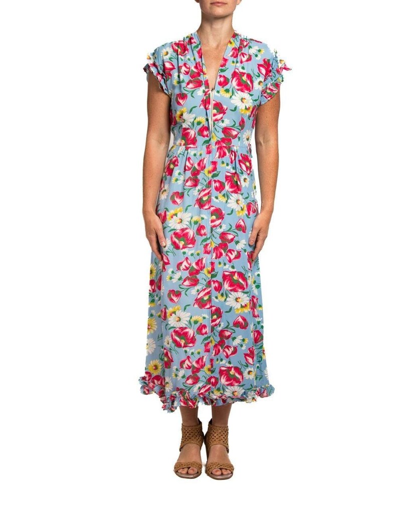 1940S Aqua Blue & Pink Cold Rayon Floral Zip-Front Dress image 1