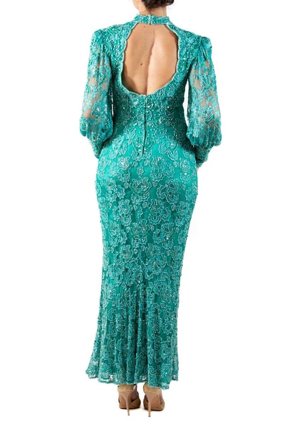 1980S Teal Beaded Rayon Lace Gown With Sleeves - image 5