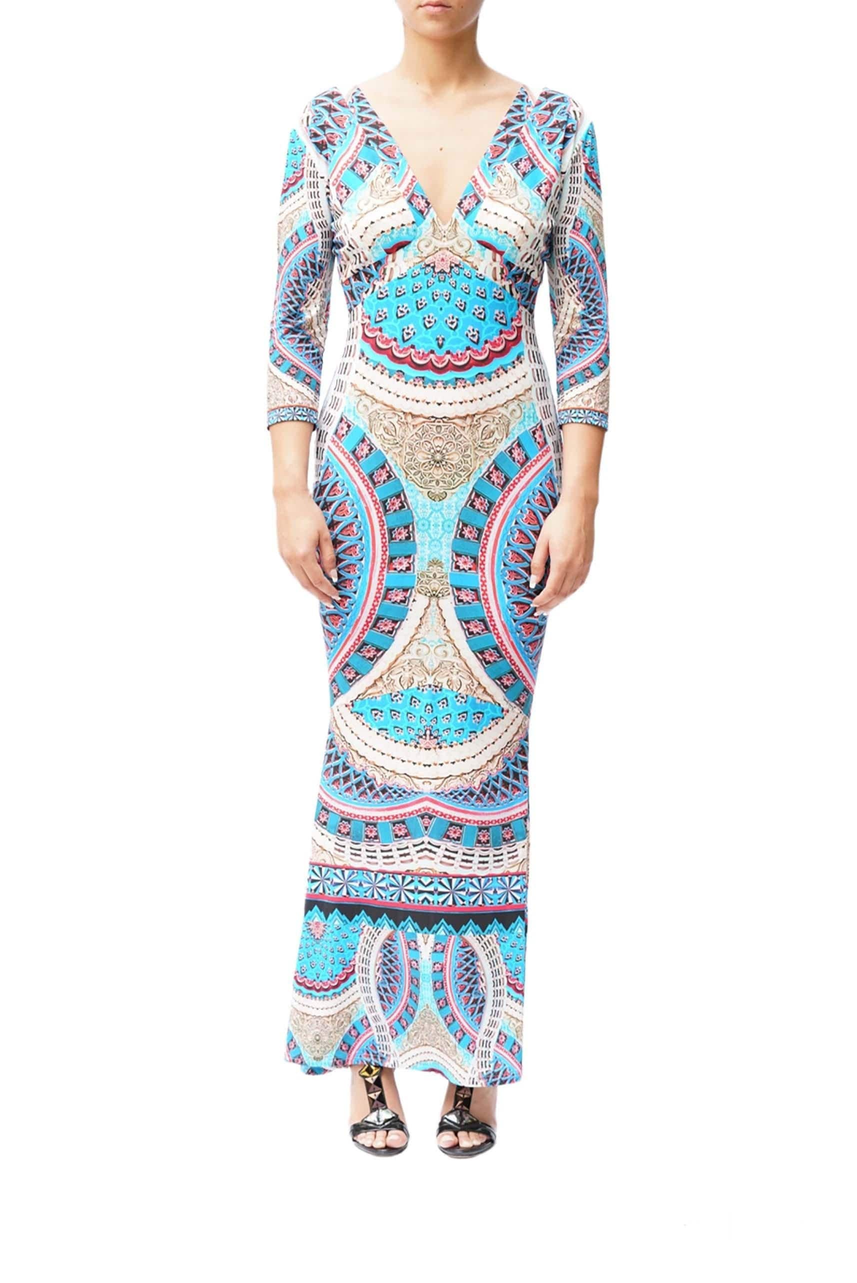 Roberto Cavalli Electric Blue V Neck Kaleidoscope Pattern Long Dress