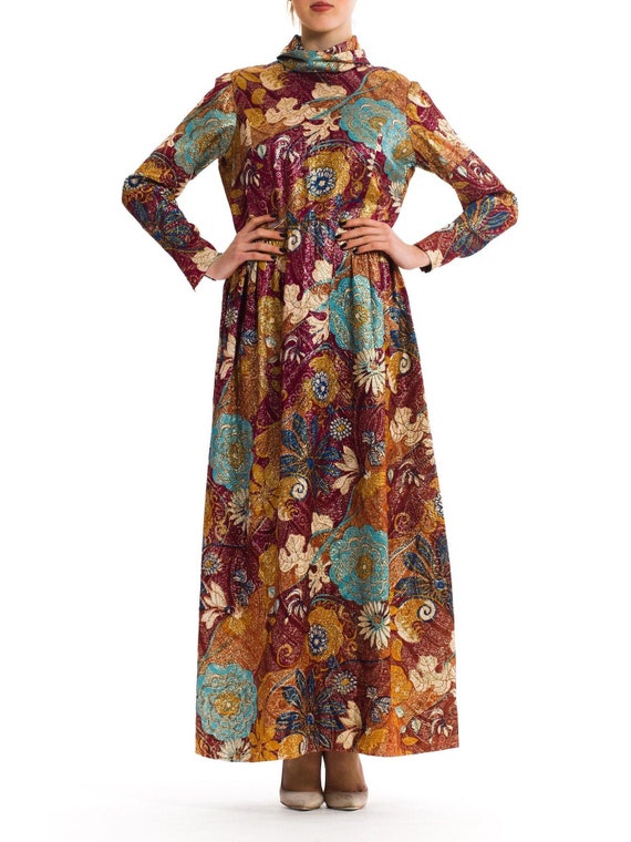 1970s Burgundy & Gold Acetate/Lurex Matelass Lam Loose Cut Evening Dress