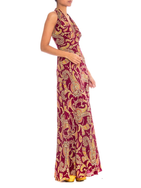 1930S Cranberry Red Paisley Rayon Backless Bias C… - image 2