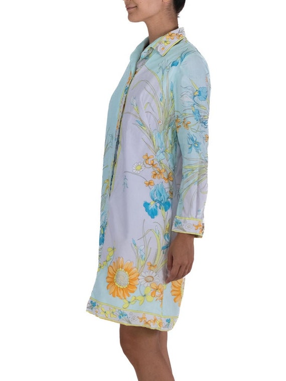 1970S Aqua Blue Shirt Dress With Flower Print - image 2