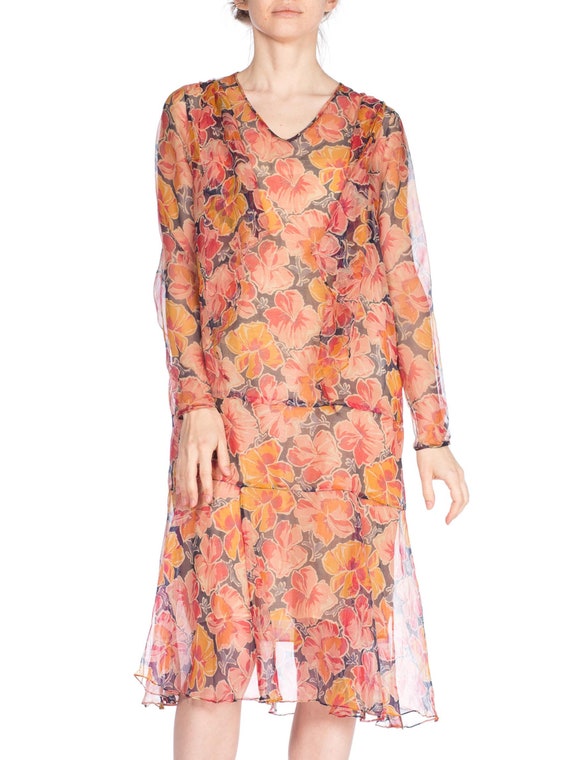 1920S Silk Chiffon Tropical Floral Drop Waist Day
