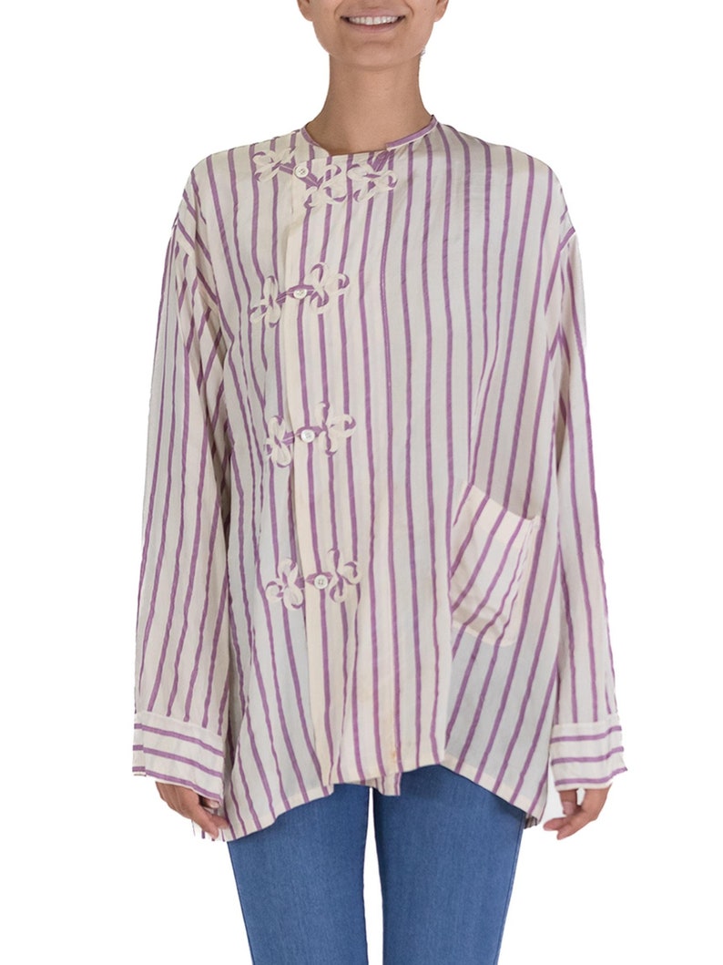 Victorian White Lavender Silk Striped Antique Pajama Top image 1