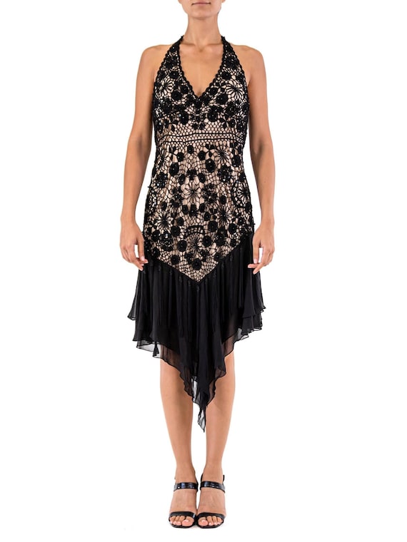 Black Rayon Crochet  Chiffon Cocktail Dress With … - image 1