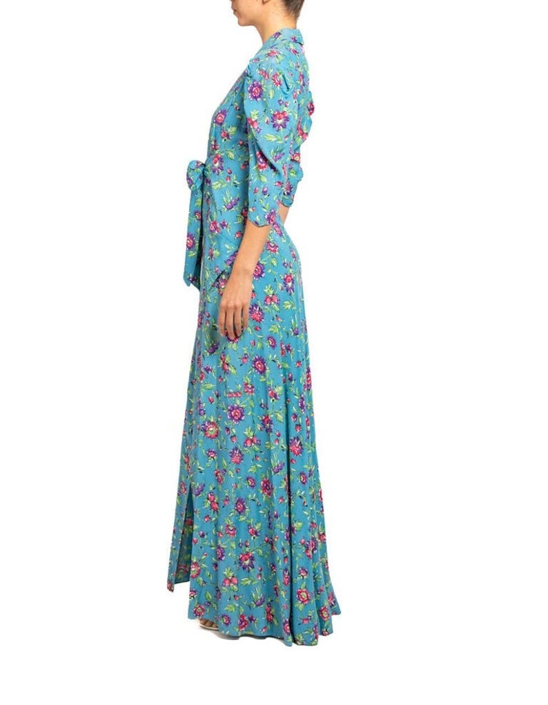 1940S Blue & Pink Floral Cold Rayon Zipper Front Dress image 2