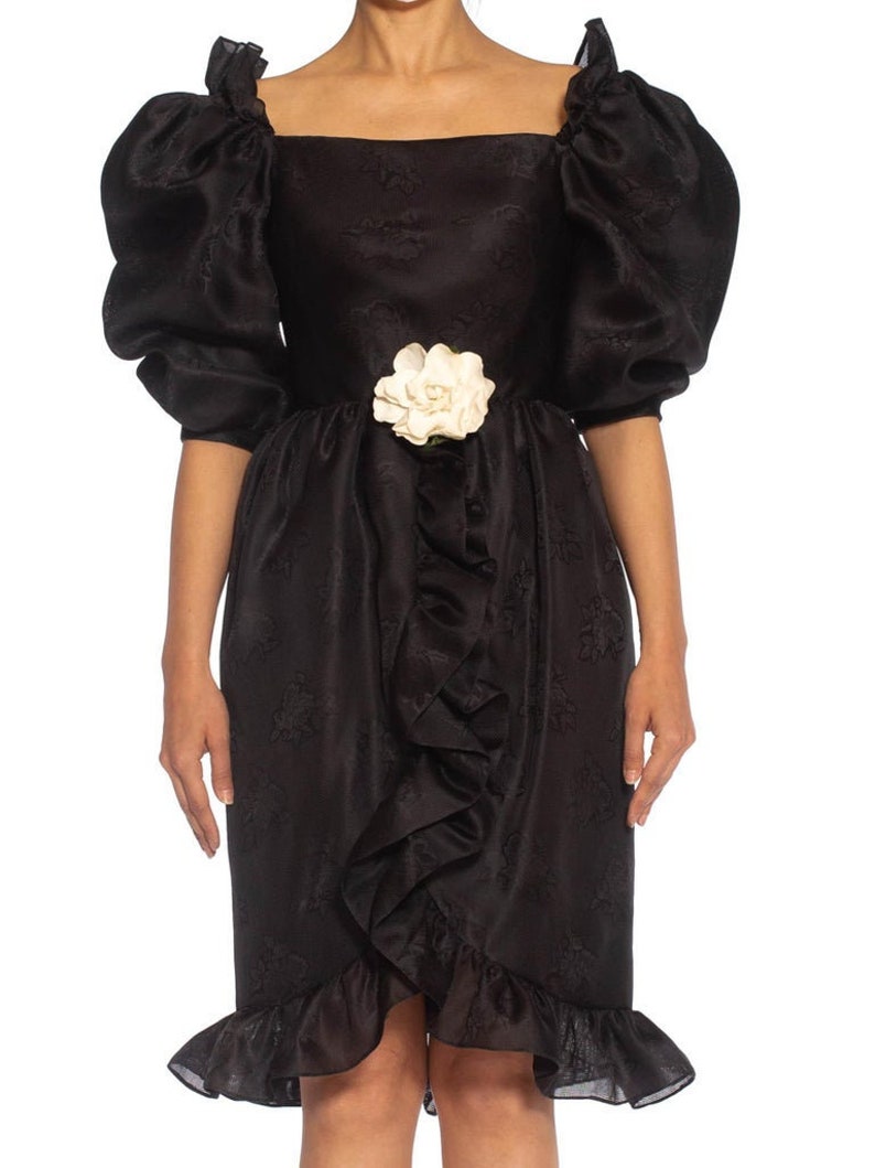 1980S Givenchy Haute Couture Silk Poof Sleeved Ruffled Cocktail Dress With A White Flower image 1