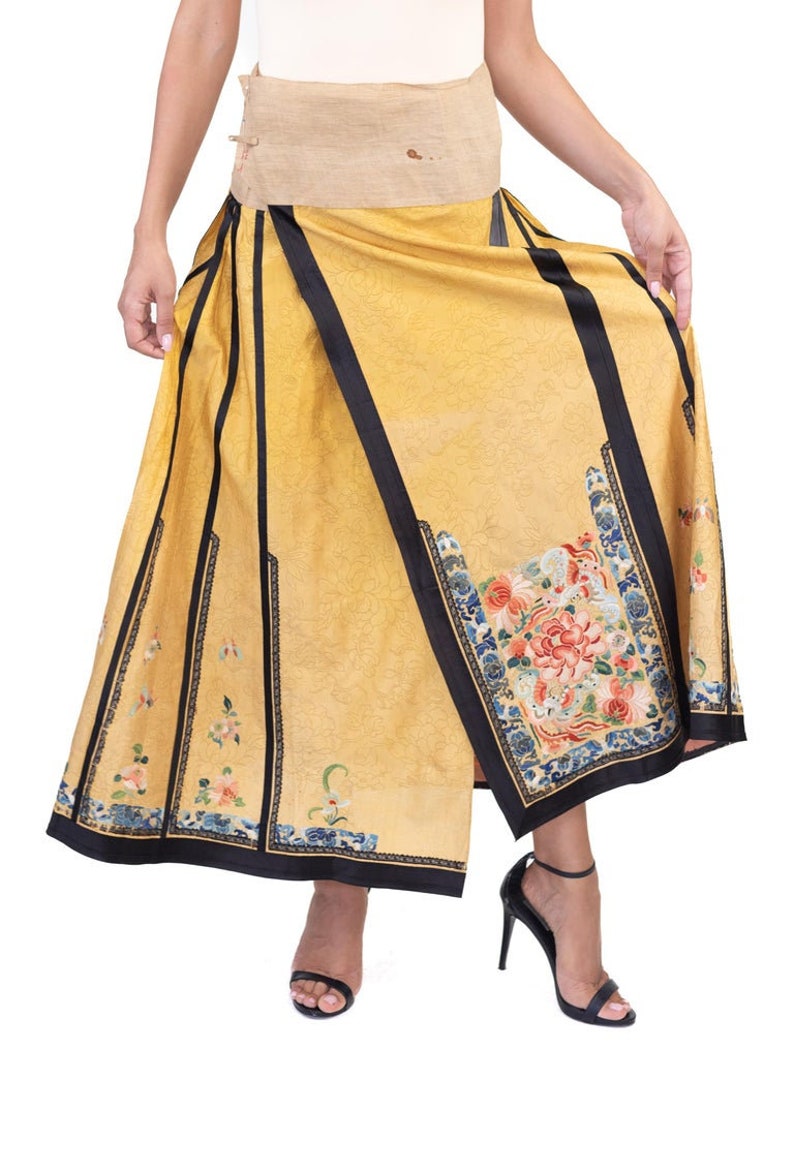 Victorian Yellow Hand Embroidered Silk Antique Chinese Skirt image 7