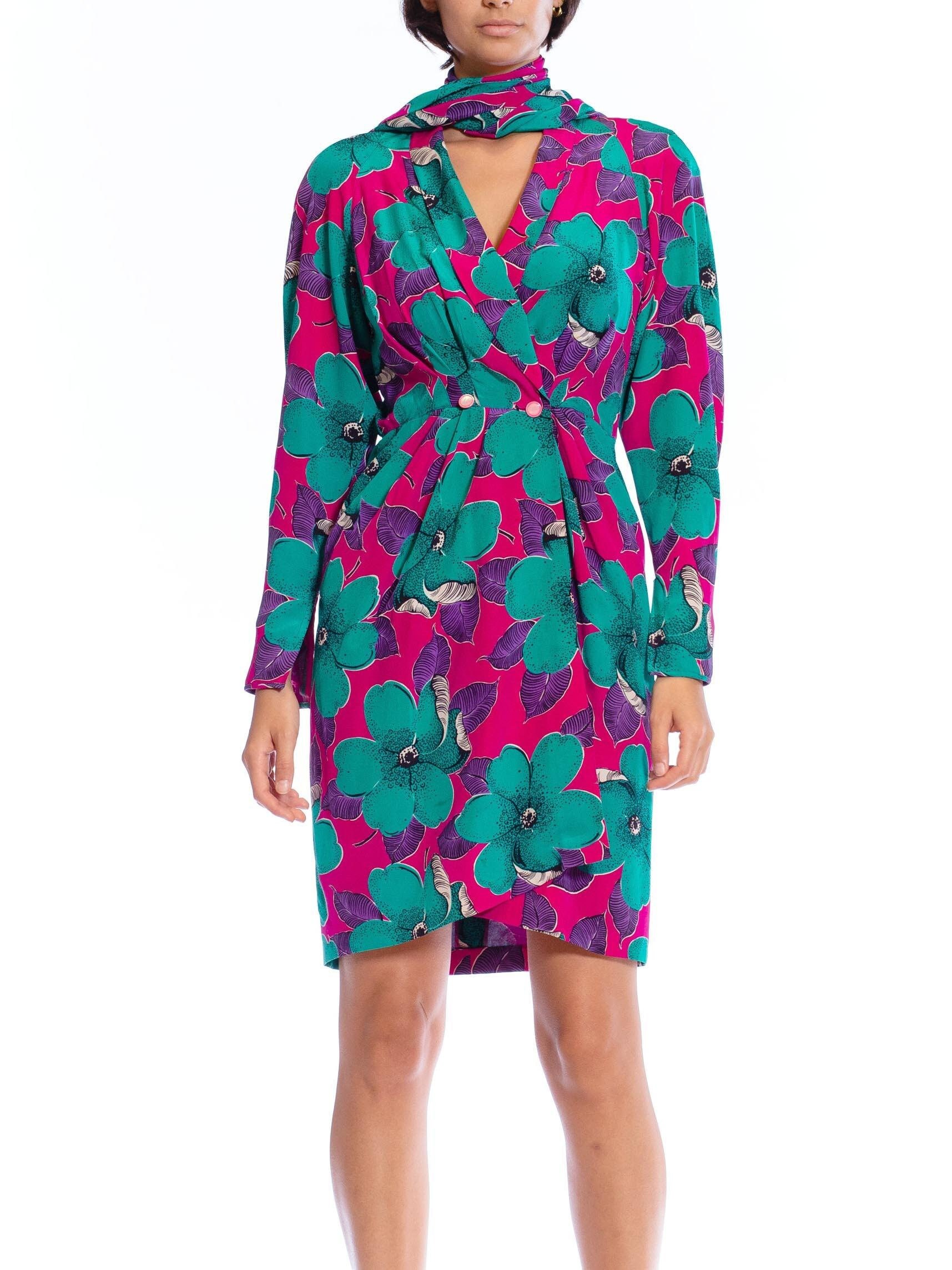 1980S Emanuel Ungaro Hot Pink Floral Silk Dress