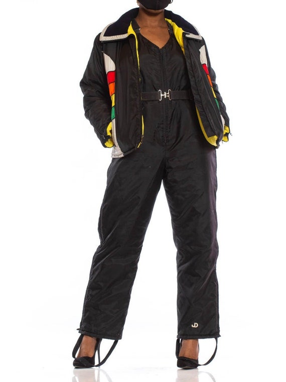 1970S Black  Yellow Nylon Ski Overalls Jumpsuit Ja