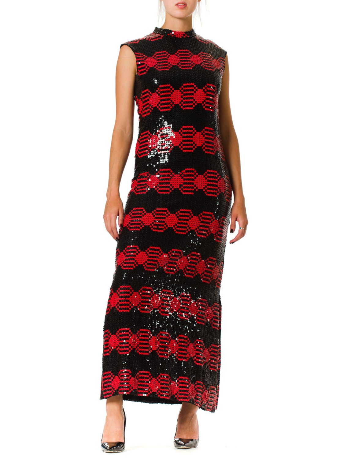 1960S Adele Simpson Black & Red Silk Chiffon Oil Slick Op-Art Geometric Sequin Gown