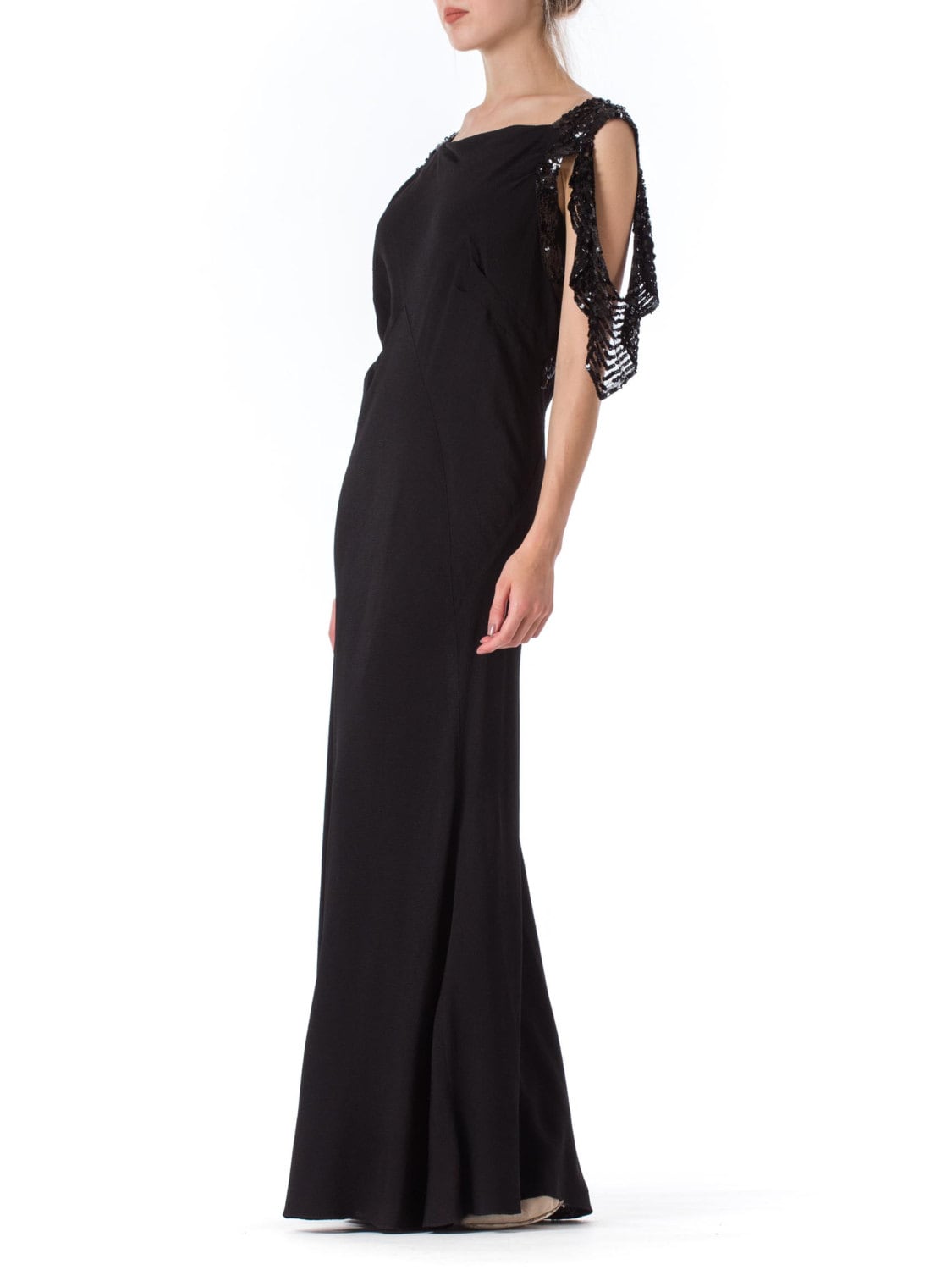 Fabulous 1930s Bias Cut Black Crepe w Gold Sequin Collar and Gold Metal Button Detail