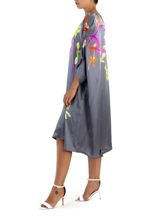 1990S Grey Silk Charmeuse Tropical Floral Tunic D… - image 2