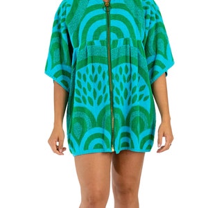 1960S Aqua Blue Cotton Terry Cloth Beach Duster With Towel