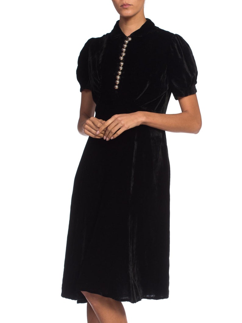 1930S Black Bias Cut Silk Velvet Dress With Fab Silver Buttons & Puff ...