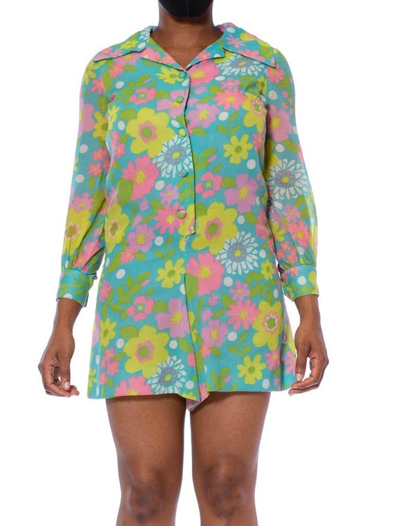 1960S Aqua Blue Floral Cotton Voile Mod Romper