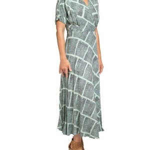 1940S Light Blue & Black Cold Rayon Geometric Print Wrap Dress image 6