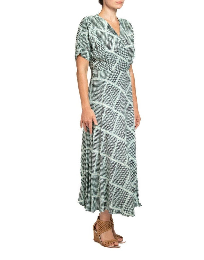 1940S Light Blue & Black Cold Rayon Geometric Print Wrap Dress image 6