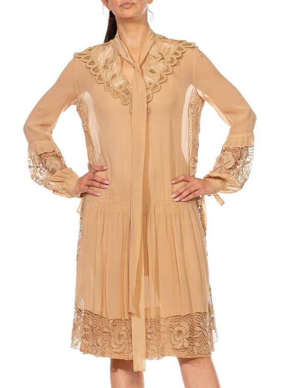 1920S Ecru Silk Chiffon  Lace Drop-Waist Flapper … - image 5