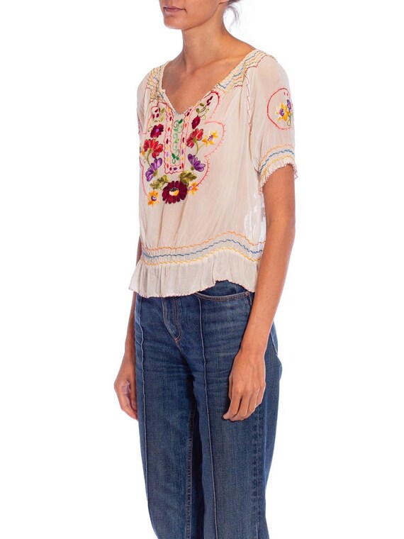 1940S White Hand Embroidered Rayon Chiffon Top - image 4