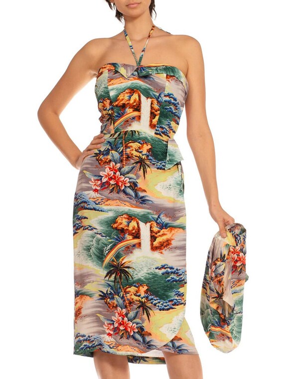 1940S Green  Orange Cotton Silk Hawaiian Printed … - image 4