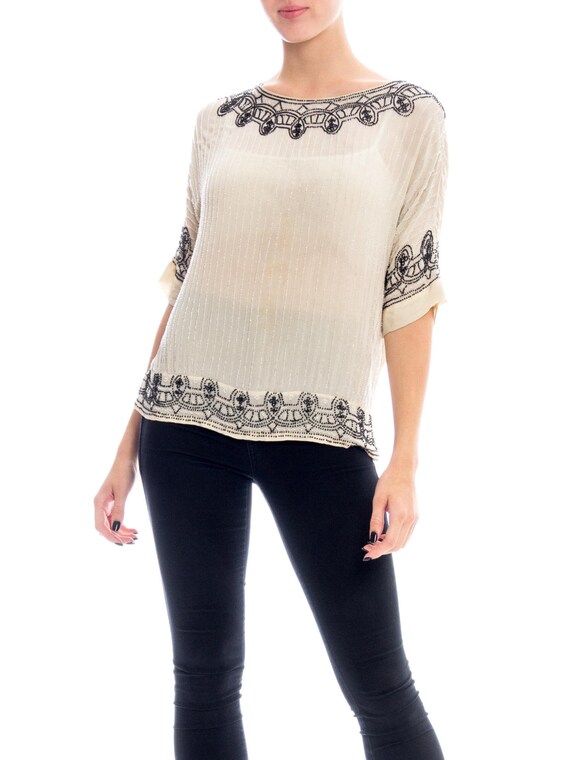 1920S Black & White Silk Crepe De Chine Beaded T-